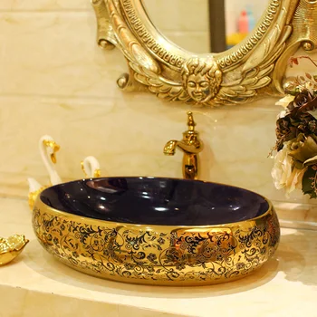 Над столешницей умывальник керамическая ванная комната художественная овальная синяя золотая блестящая LO620331