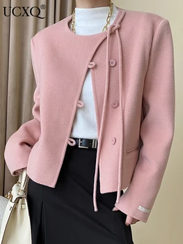 UCXQ Элегантные розовые однобортные шерстяные пальто с круглым вырезом O-образным вырезом Повседневные свободные куртки из смесовой шерсти Осень 2023 Новый прилив