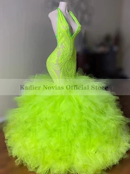 Kadier Novias Длинные женские сексуальные зеленые выпускные платья с пайетками 2022 Вечернее платье с вырезом на шее