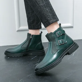 Британский стиль Модные зеленые сапоги для мужчин Кожаные высокие верхние классические туфли большой размер 46 Сапоги на платформе с застежкой-молнией Zapatos de Vestir