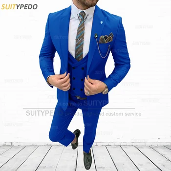  Модные мужчины Королевский синий деловой костюм Комплекты свадебного пиджака на заказ Жилет Брюки 3 шт. Вечерняя вечеринка Ведущий Классические костюмы