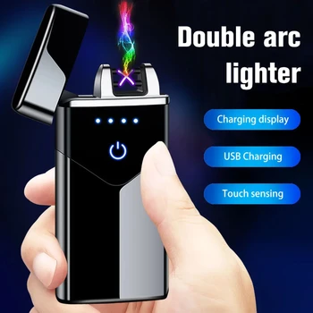 Электрический Открытый Ветрозащитный USB Зарядка Плазма Импульс Двойная Дуга Металлическая Зажигалка Беспламенный Сенсорный Датчик Сигары Подарок Для Мужчин