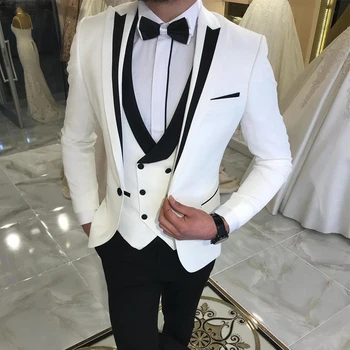 Белые приталенные мужские костюмы для жениха 3 шт. двубортная мужская модная куртка с черными брюками Свадебный смокинг 2023
