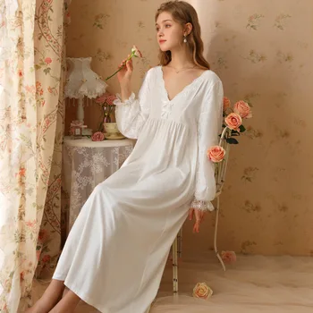 сексуальная кружевная длинная однотонная ночная рубашка весна осень сладкий хлопок ночная рубашка фея женщин с V-образным вырезом ночное платье принцесса пижамы