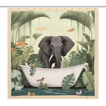 Водонепроницаемый Джунгли Слон Тропическая ткань Занавески для ванны Занавеска для душа Декор ванной комнаты Тропический лес 12 шт. Крючки