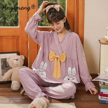 Осень Зима Женщины Пижамы Стиль Принцессы Пижамы Японское Кимоно Пижамы Искусственный хлопок Мода Бант Пижамы Комплекты