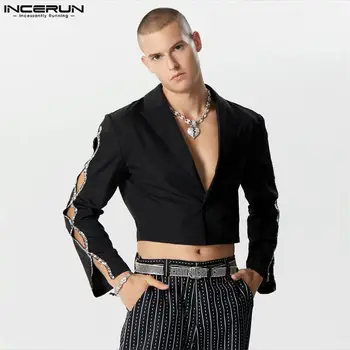 INCERUN Tops 2023 Американский стиль Мужские пальто с полыми рукавами Мода Flash Ribbon Укороченный блейзер с длинными рукавами S-5XL
