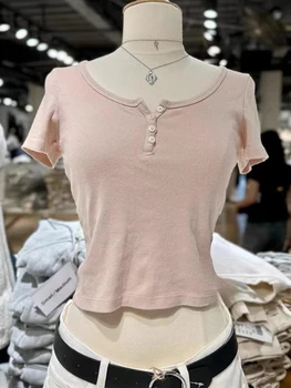Сладкий розовый укороченный топ на пуговицах в рубчик женский симпатичный летний футболки с коротким рукавом с круглым вырезом Y2k Винтаж Тонкие хлопковые короткие футболки женские