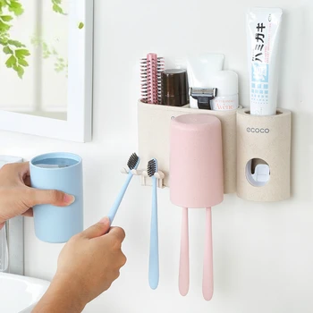 Настенная стойка для хранения зубной пасты, держатель для зубных щеток в ванной, мытье двойной чашки, без перфоратора, костюм для зубного стекла, пара