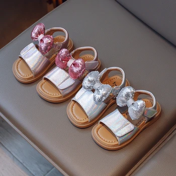 Кожаные сандалии для девочек с галстуком-бабочкой Щепка Детская летняя пляжная обувь Дышащий открытый носок Детские повседневные сандалии Простые пайетки