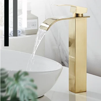 Матовый золотой высокий смеситель для раковины в ванной комнате Водопад Смеситель для ванной комнаты для раковин Одноручный смеситель для ванной комнаты