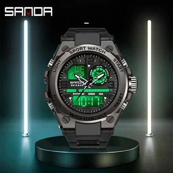  Горячая распродажа Sanda 6024 Светодиодный светящийся будильник Режим Спортивные мужские наручные часы Кварцевые цифровые часы с двойным механизмом Cood Design