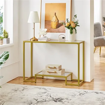 LISM 2-слойный современный консольный стол из закаленного стекла с прочным металлическим каркасом для прихожей гостиной, золото