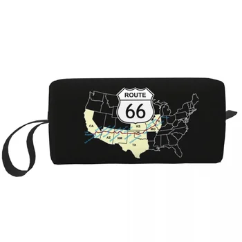 Custom Route 66 Карта Путешествия Косметичка Женщины США Шоссе Туалетные принадлежности Органайзер для макияжа Женский набор для хранения красоты Dopp Kit