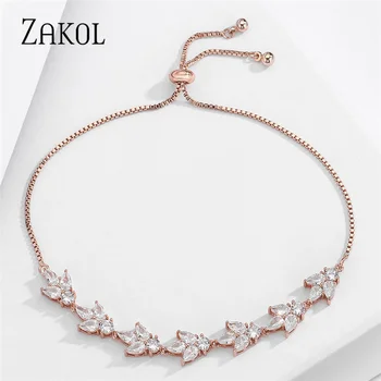 ZAKOL Shinny Cubic Zircon Leaf Регулируемые браслеты для женщин Модные украшения для вечеринок