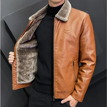 Зимняя мода Тепло Утолщенная кожаная куртка Лацкан Сплошной дизайн на молнии Плюс размер 4XL-M Бомбер Пальто Мужская кожаная куртка