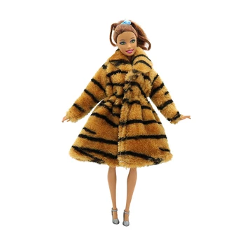 NK Официальный 1 комплект Зимний вязаный свитер Меховое пальто Леопардовый принт Платье с длинным рукавом Одежда для Барби Кукла Игрушечные аксессуары