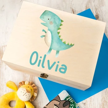 Персонализированная детская коробка на память Душ Подарок для новорожденных Пользовательское имя Деревянная коробка Мальчики Девочки Коробка памяти Милый динозавр Принт Коробка