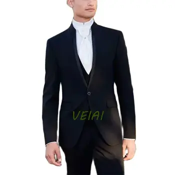 Роскошные костюмы для мужчин Черный однобортный стенд Лацкан Повседневные наряды для вечеринок Одежда Куртка из трех частей Брюки Жилет Slim Fit