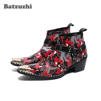 Batzuzhi Итальянский тип Мужские сапоги Цветные кожаные ботильоны ручной работы Zip Metal Toe Party and Wedding Boots Man Sapatos, US6-12