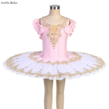BLL541 Розовый спандекс с открытыми плечами и золотыми аппликациями, украшенный предпрофессиональной балетной пачкой, костюм для девочек и женщин