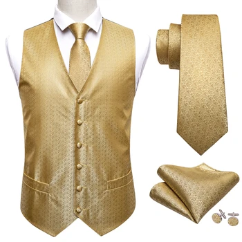 Роскошный жилет для мужчин Шелковый жилет из твердого золота Галстук Карман Квадратный набор Slim Fit Формальный мужской костюм Свадебный бизнес Барри Ван