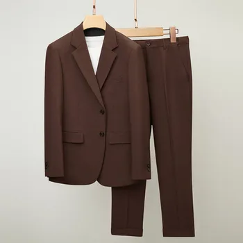 Высококачественный стильный и красивый мужской однотонный костюм (топ + брюки) Японский деловой повседневный свободный комплект из двух частей
