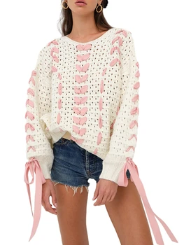 Женский трикотажный свитер с длинным рукавом с круглым вырезом Полый контрастный цвет Пуловер Теплый свитер для осени и зимы