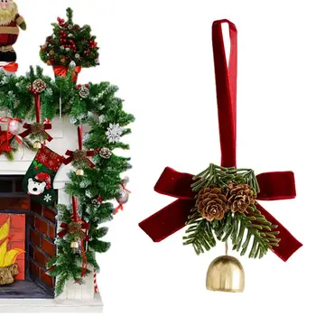 Рождественский венок из сосновых шишек Рождественский колокольчик для входной двери с бантовым ремешком Красно-зеленый имитированный колокольчик из сосновых шишек Подвеска для спальни