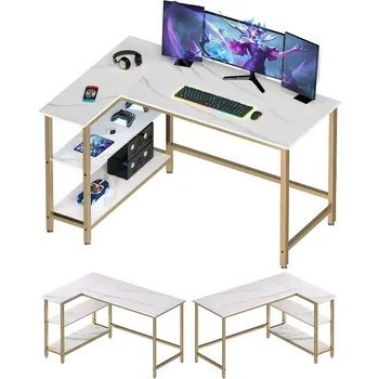 L Shaped Computer Desk - Стол для домашнего офиса с полкой, Игровой стол Угловой стол для работы, письма и учебы, Экономия места, Белый.