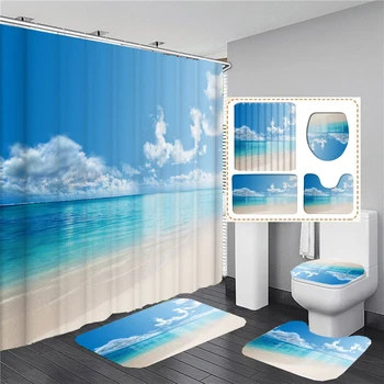 Пляж Приморский пейзаж Печать Занавеска для душа Океан 3D Шторы для ванной комнаты Фланелевый противоскользящий ковер Крышка унитаза Коврики для ванны Коврики