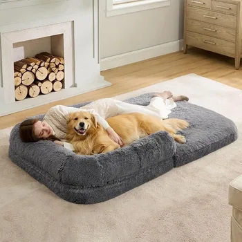 Складная человеческая кровать для собак для взрослых людей, коврик 2 в 1 и водонепроницаемый вкладыш, ортопедический диван для собак из искусственного меха, темно-серая собачья будка