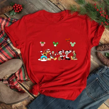 Счастливого Рождества Микки и Друзья Женская футболка Фестиваль Флюиды Мода Дисней Одежда Бесплатная Доставка Рождественский Подарок Красные Топы Рубашки