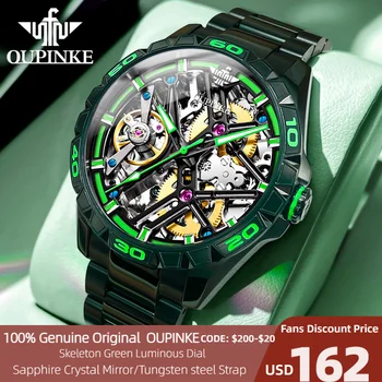 OUPINKE Автоматические часы для мужчин Скелетон Светящиеся 50M Водонепроницаемый Сапфир Мода Большой Циферблат Вольфрамовая Сталь Мужчины Механические Часы