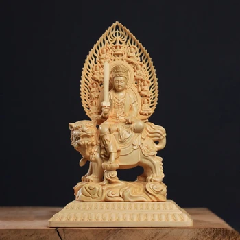 Резьба по дереву Самантабхадра Манджушри Буддийская фигура Статуя Резьба по массиву дерева Орнамент по фен-шуй Украшение гостиной