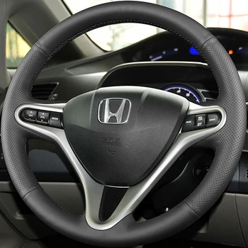 Сшитый вручную черный чехол на рулевое колесо автомобиля из натуральной кожи для Honda Fit