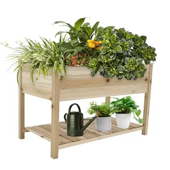 Приподнятая садовая кашпо Кровать Коробка с ножками Полка для хранения Деревянная приподнятая грядка для выращивания овощей для трав Внутренний двор Балкон