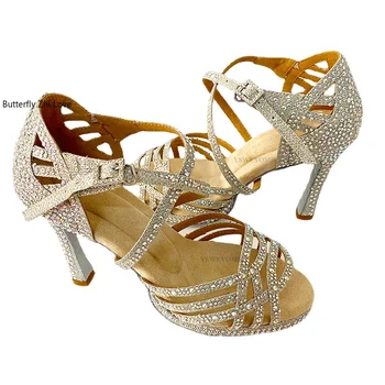 Женская латиноамериканская танцевальная обувь Серебряная блестящая ткань с пайетками Стразы Бачата Сальса Латинские танцевальные туфли с платформой на высоком каблуке 10 см