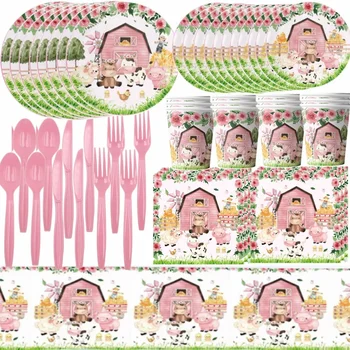 Розовая ферма Украшения для вечеринки по случаю дня рождения Kid Favor Воздушный шар Баннер Скатерть Набор посуды Baby Shower Animal For Kid Party Supplies