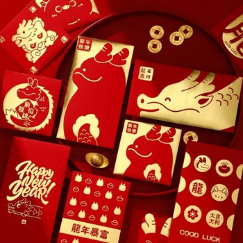 12 шт. Китайский Новый год Красные конверты 2024 года Дракона Деньги Хун Бао Красные конверты Лунный год Традиционные красные пакеты Конверты