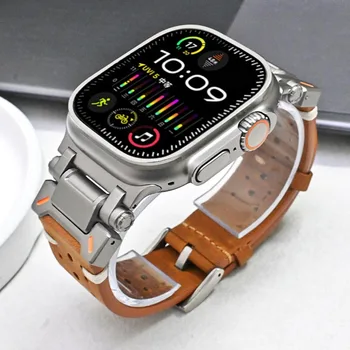 Ремешок из натуральной кожи для Apple Watch Ultra 49 мм 45 мм 44 мм 42 мм Ремень для iWatch Series 9 8 7 6 5 4 Se Мужской роскошный браслет на запястье