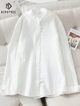 Новая осень хлопок белые рубашки женщины кружева однотонные топы с длинным рукавом стойка шея свежая мода основы блузки весна T39368QM