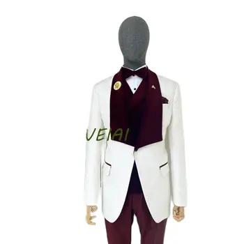 Формальные костюмы Белый костюм для мужчин Свадебное пальто Бордовая шаль Лацкан Куртка из трех частей Брюки Жилет Slim Fit Hombre