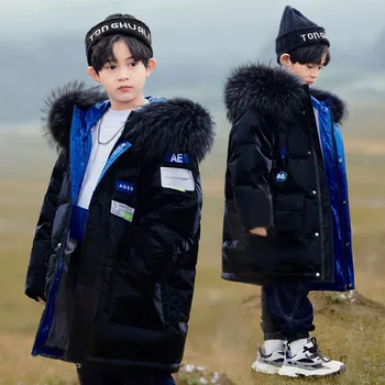 Новый детский водонепроницаемый пуховик Девочки зимняя мода теплое толстое пальто Мальчики черная повседневная холодостойкая куртка с капюшоном Меховой воротник
