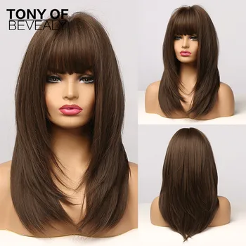  Средние прямые многослойные коричневые парики из синтетических волос для афро-женщин Натуральные волнистые с челкой Термостойкие парики для ежедневного косплея