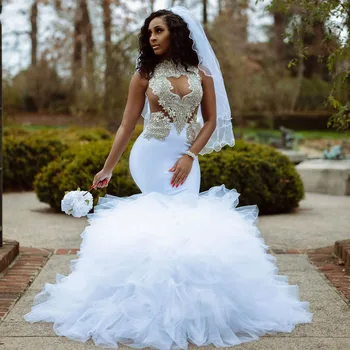 Хрустальные длинные свадебные платья русалки 2024 Потрясающие оборки из бисера Свадебные платья африканской девушки Vestidos De Noiva Robe Mariage