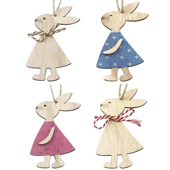 4pcs Bunny Wood DIY Crafts Cutouts Деревянные висячие украшения в форме кролика с отверстием Конопляные веревки Подарочные бирки для Пасхи Весна