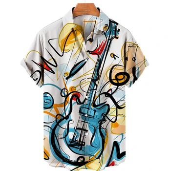 Летние гавайские рубашки для мужчин Музыка Гитара Принт Топы Одежда Мода Повседневная Оверсайз Воротник Рок-н-ролл Блузки