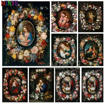 5D Алмазная живопись Знаменитая картина Мадонна с младенцем в окружении цветочной гирлянды Алмазная вышивка крестом Мозаика Религия