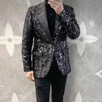 Высококачественный черный двухслойный костюм с пайетками для тяжелой промышленности Куртка для мужчин Ночной клуб Master Coats Performance Club Сцена Мужская одежда